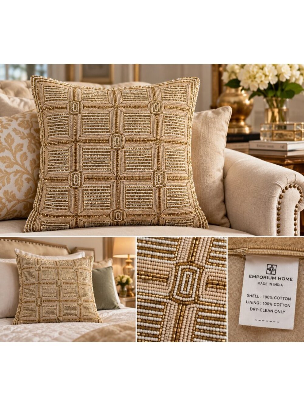 Emporium Home 19” Hand Beaded Throw Pillow Gold Ivory Geometric Luxury Decor